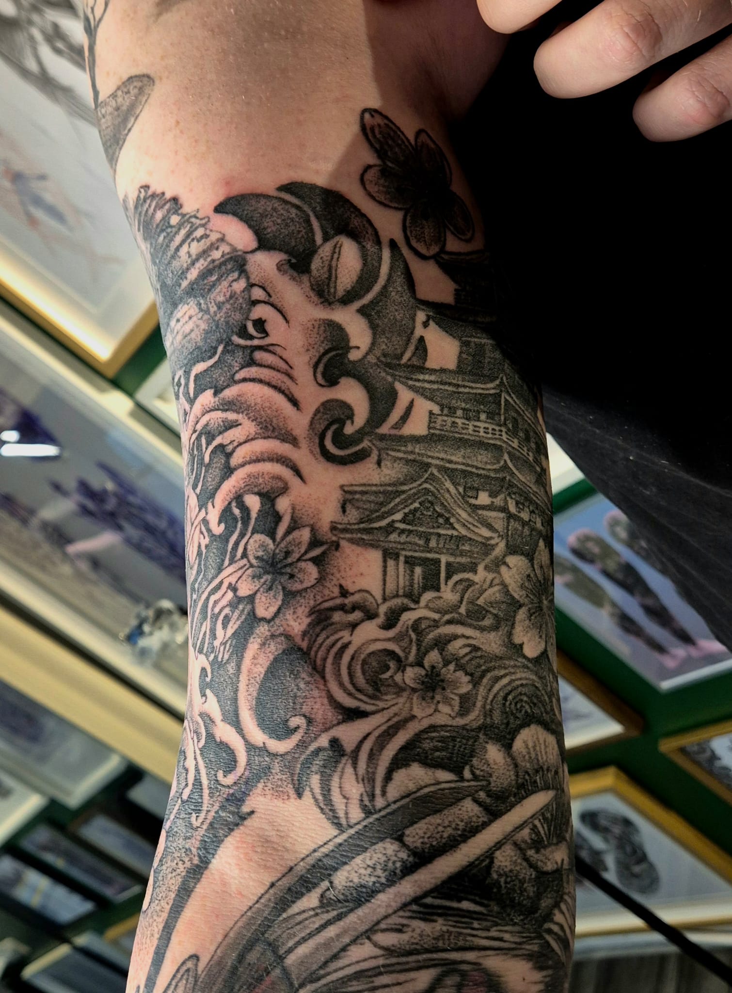 Detailed sleeve tattoo with Norse warrior design in Hazel Grove
