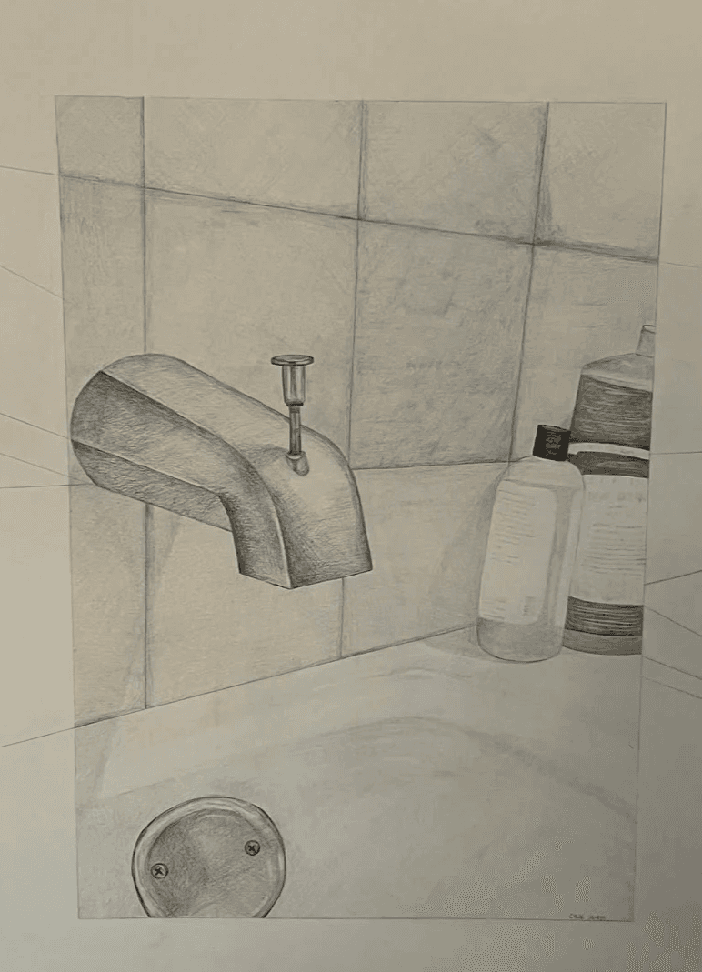 Pencil drawing of a bathroom faucet and sink
