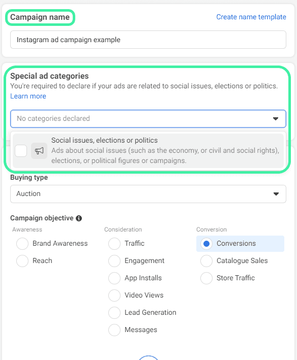 Campaign name with view in the part of special ad categories