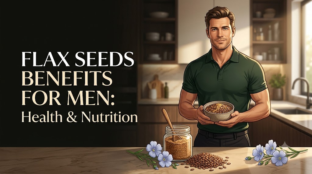 An illustrated wellness infographic image for men, featuring a fit man in a kitchen holding a bowl of flax seeds. The title reads: 'FLAX SEEDS BENEFITS FOR MEN: Health & Nutrition'. In the foreground is a glass jar of flax seeds and blue flax flowers on a counter.