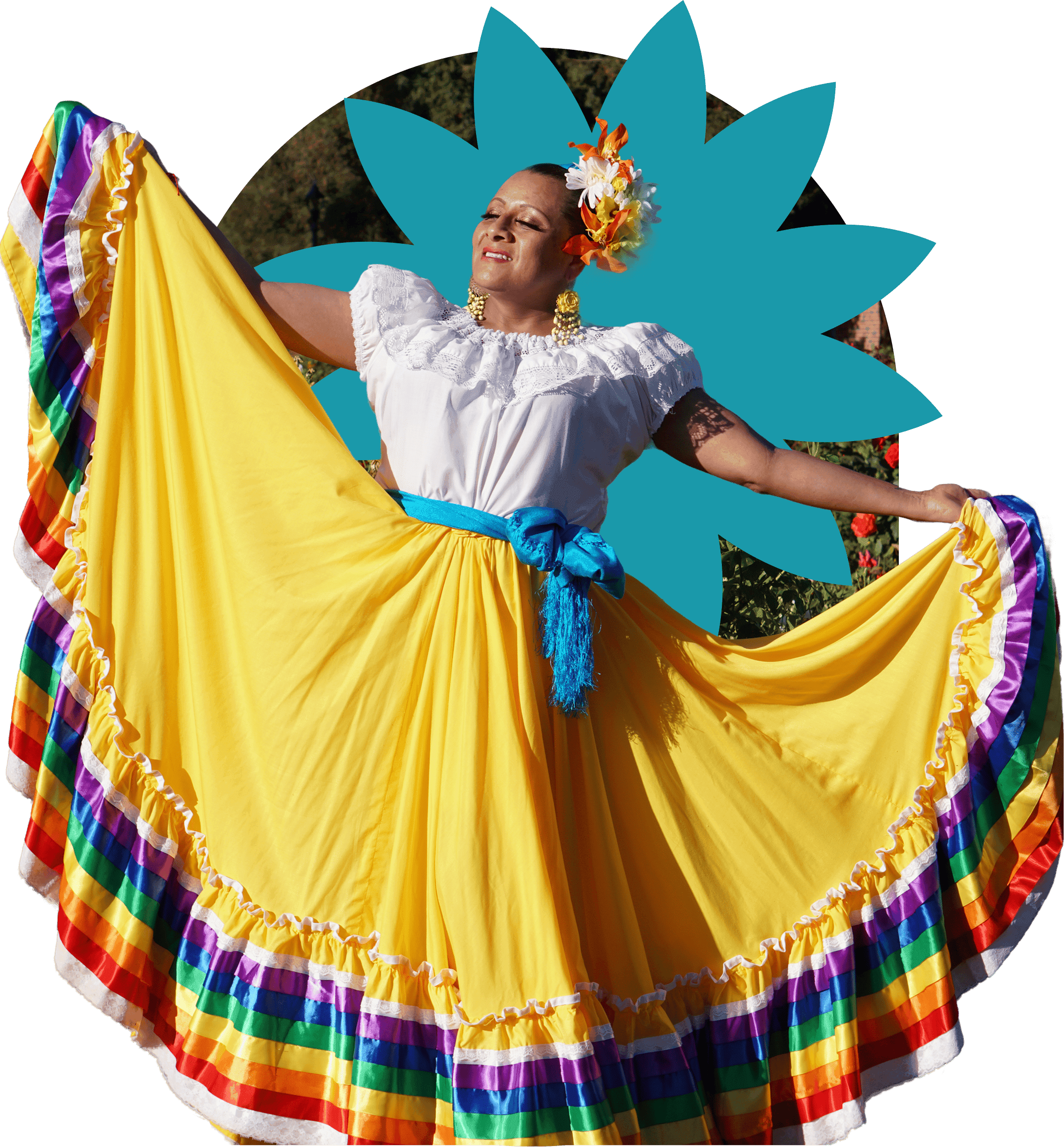 A person dressed in traditional folkloric attire gracefully holds out the vibrant yellow skirt of their dress, adorned with colorful rainbow trim, against a backdrop featuring a teal sunburst pattern.