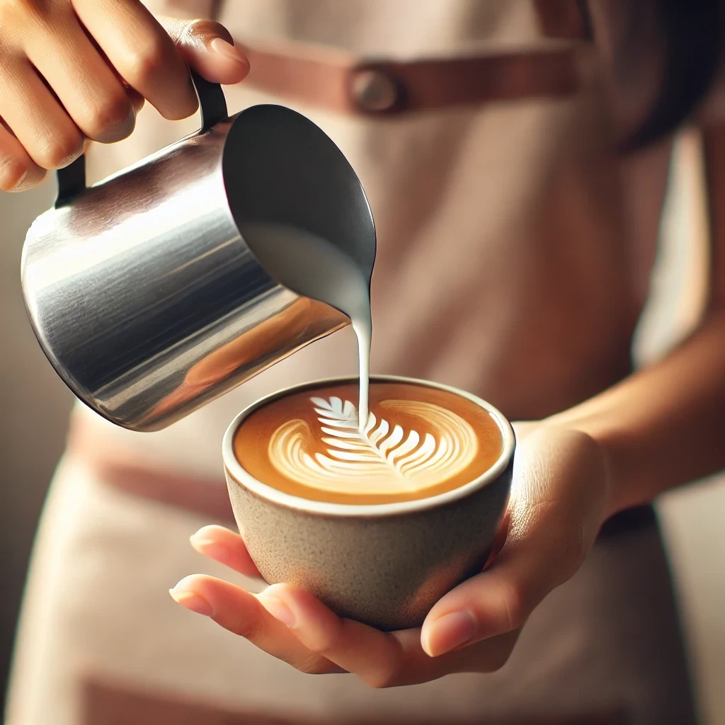 Barista gracefully making latte art in a to-go coffee cup