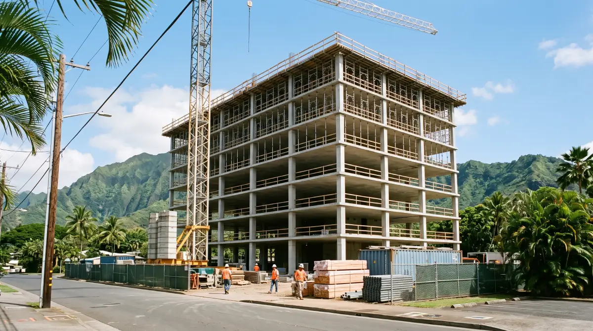View of office building construction site in Hawaii from ground level.