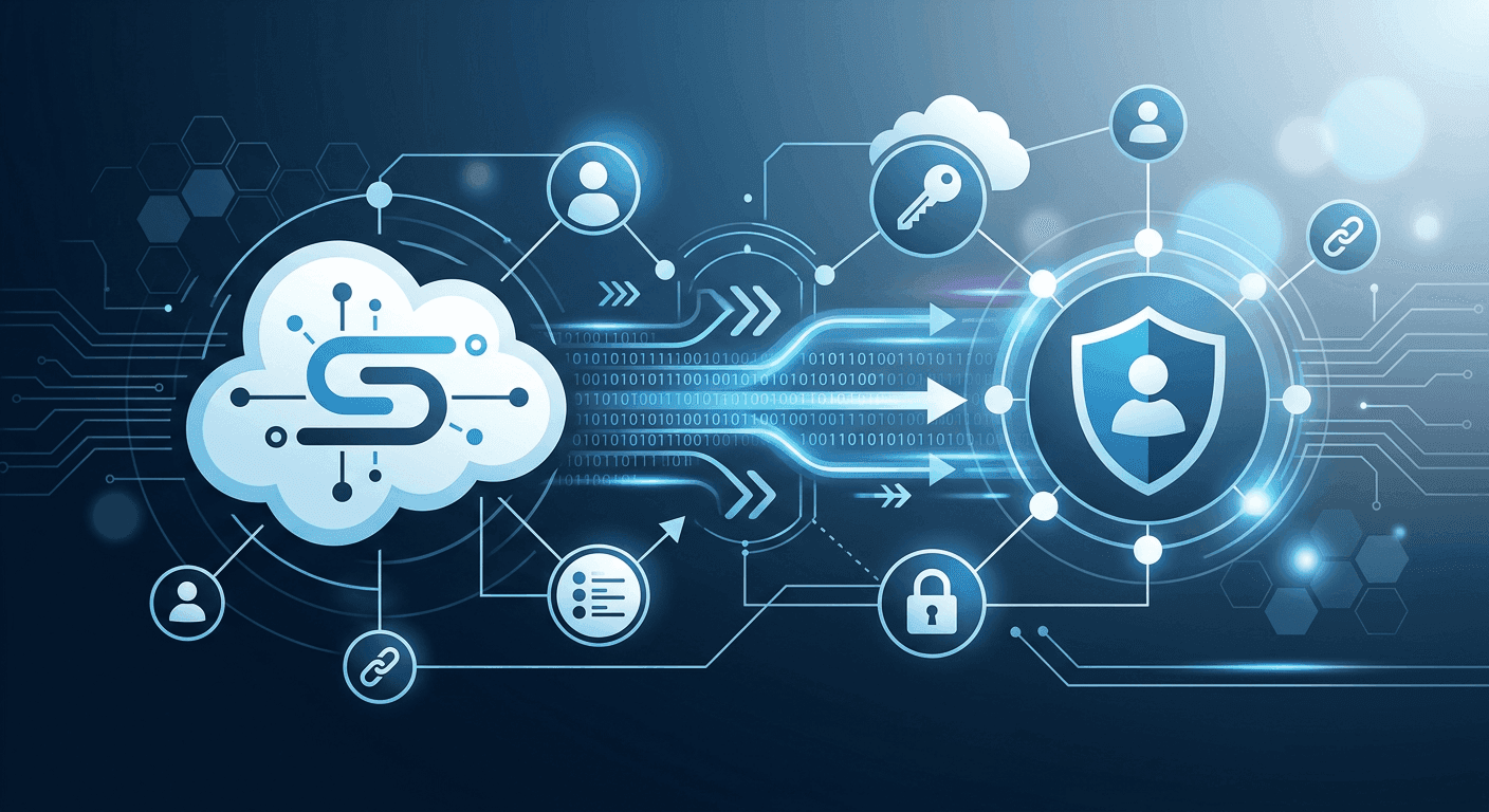 Digital graphic of a cloud transferring data securely to a user protection shield with security icons.