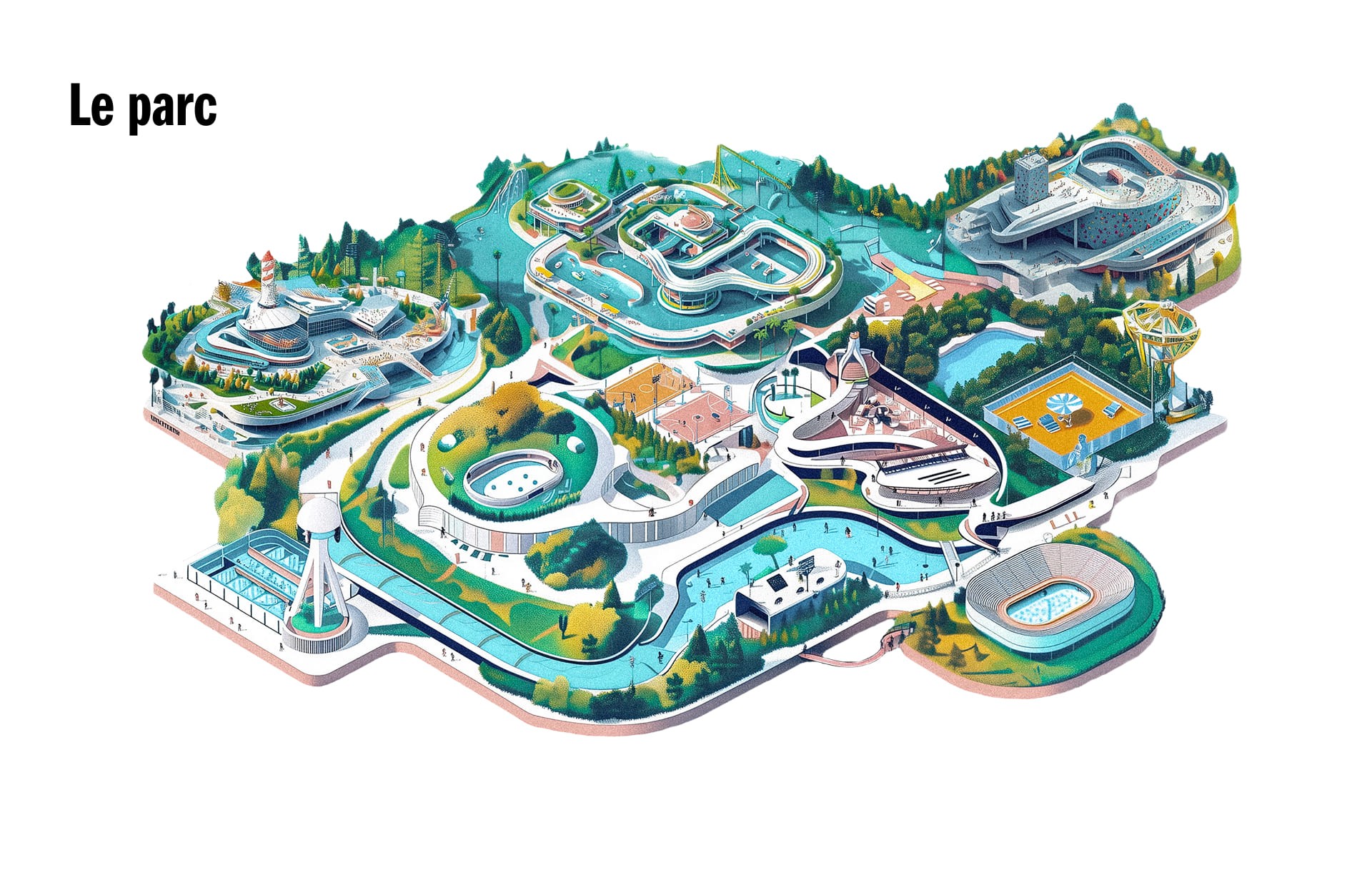 Illustration isométrique et détaillée du plan du parc thématique 'The Three Experience Park', générée via l'intelligence artificielle Midjourney. Le plan présente une vue d'ensemble aérée de différentes zones thématiques reliées par des cours d'eau et des chemins verts. On distingue clairement des infrastructures de loisirs complexes (pistes de course automobile, bassins de natation, stade, attractions aquatiques, et espaces verts). Ce visuel démontre l'utilisation des services IA de Nux-Studio dans la phase de conception et la direction artistique pour des projets d'aménagement, de design de concept ou de visualisation complexe pour le rebranding de parc d'attraction.