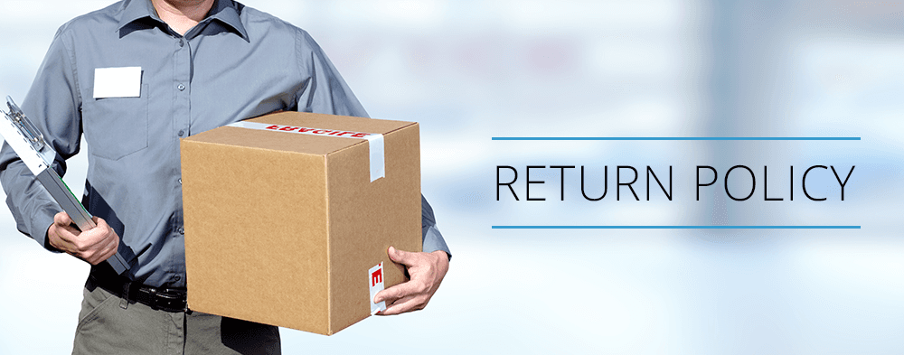 Delivery employee holding package with return policy text, representing structured refund and returns management process.