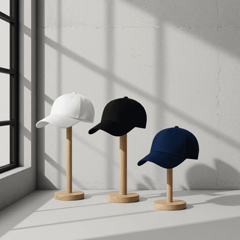 product photography of set of baseball caps