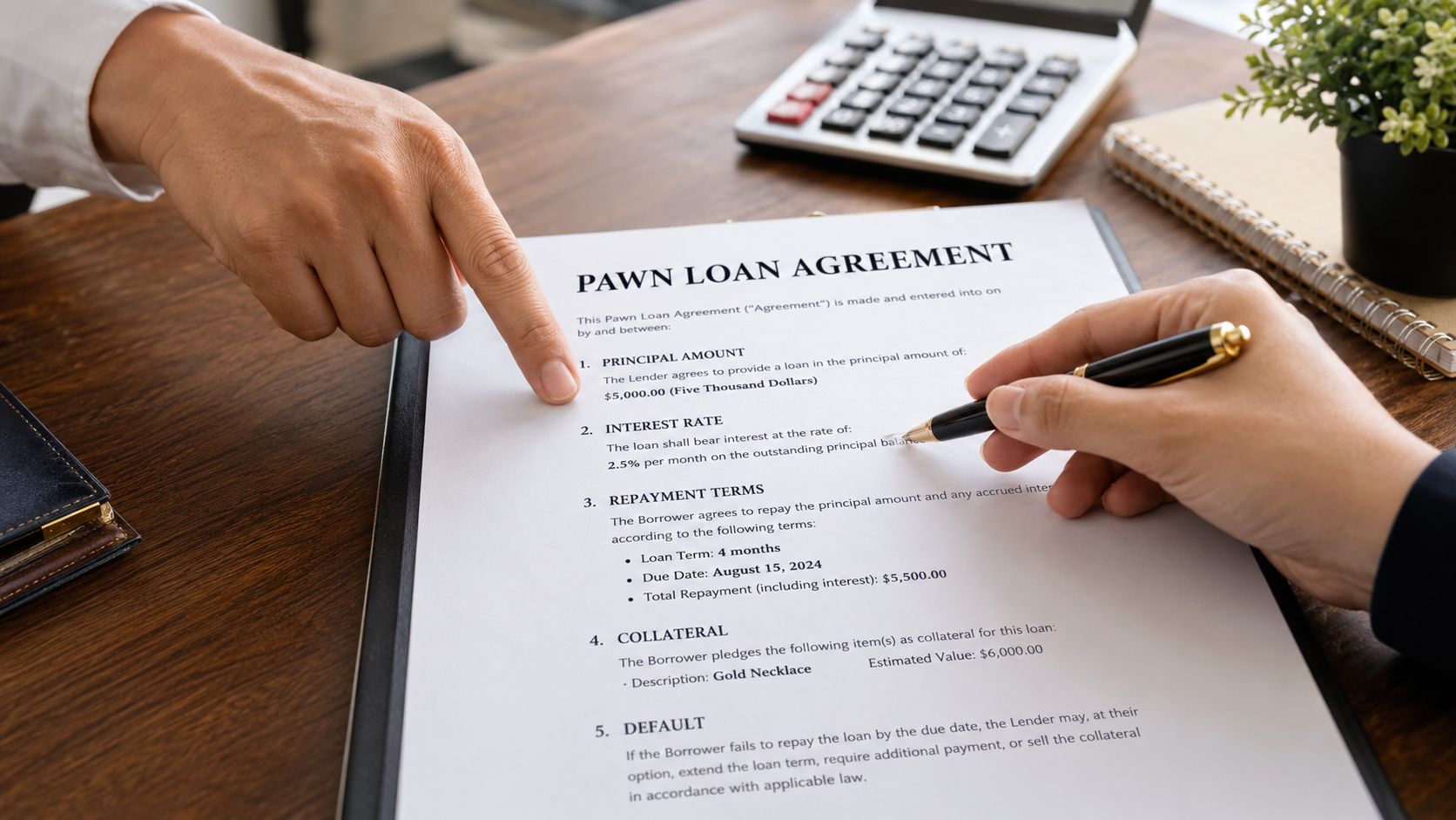 Two people reviewing a formal pawn loan agreement document on a wooden desk with a calculator.