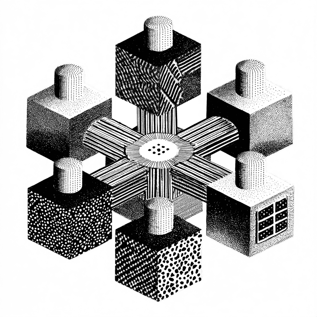 Artistic illustration of an ecosystem concept, in black and white, featuring six textured blocks with cylinders on top, connected at the center.