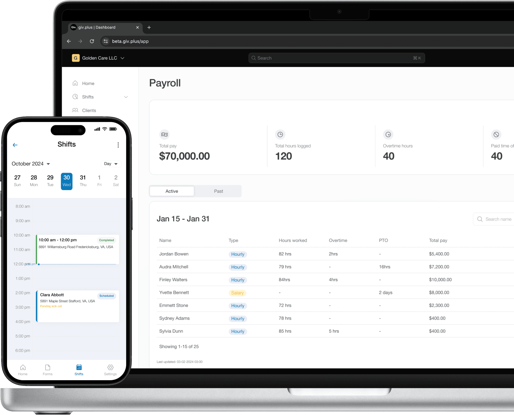 Shifts and payroll software.