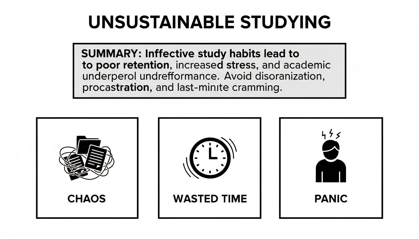 Infographic on unsustainable studying: ineffective habits lead to chaos, wasted time, panic, and poor academic results.