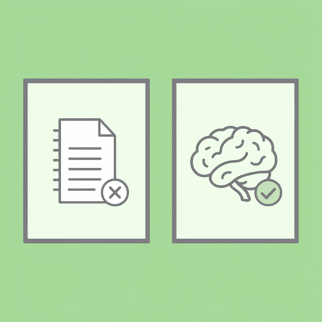 Comparison showing passive note-taking on the left with an X mark versus active note-taking on the right with a checkmark