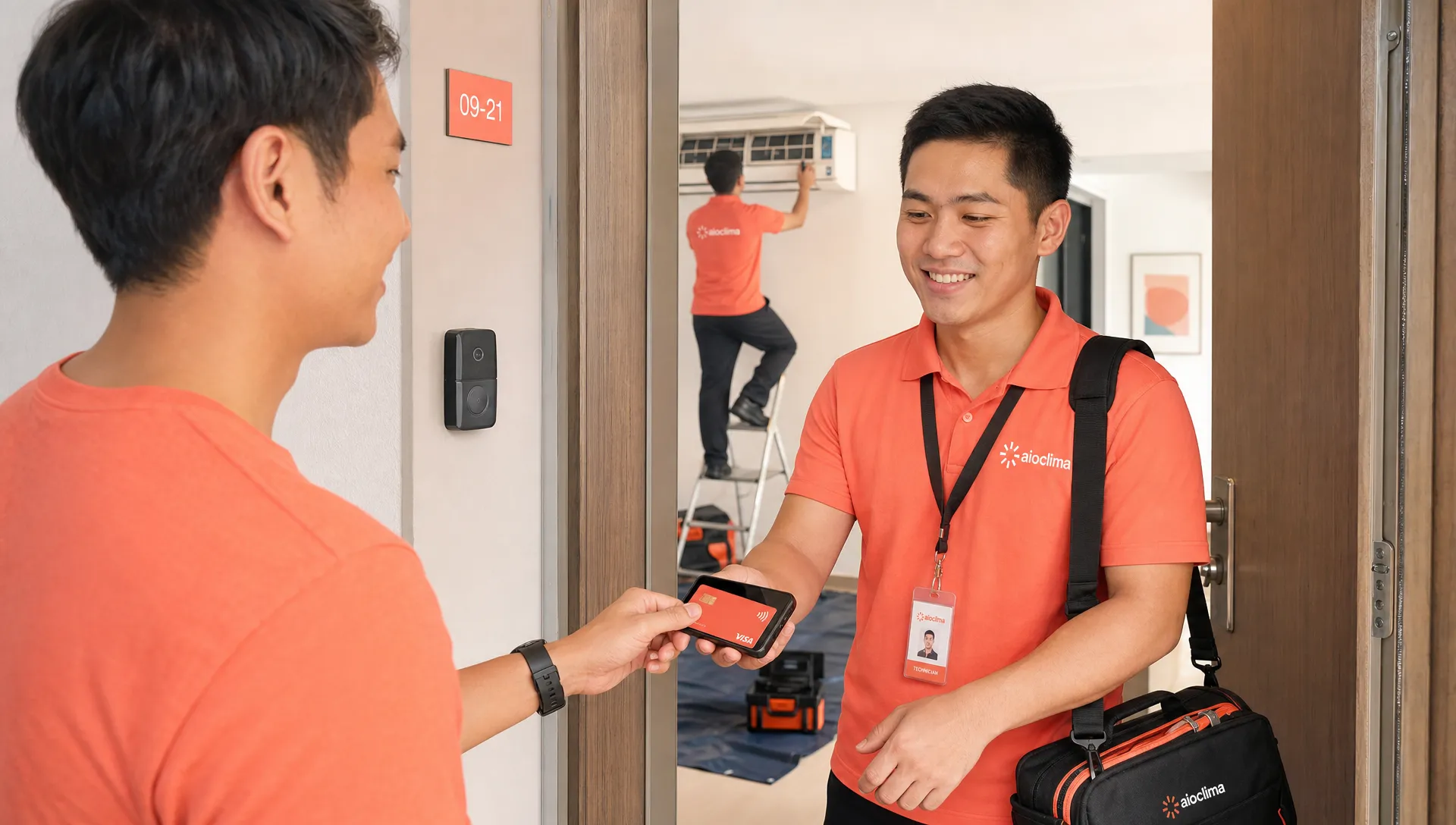 An air-conditioning technician in a Singapore apartment confirms a completed service while a customer taps a contactless card on the back of the technician’s smartphone to pay for the job, with the phone held at the doorway and the service area visible in the background.