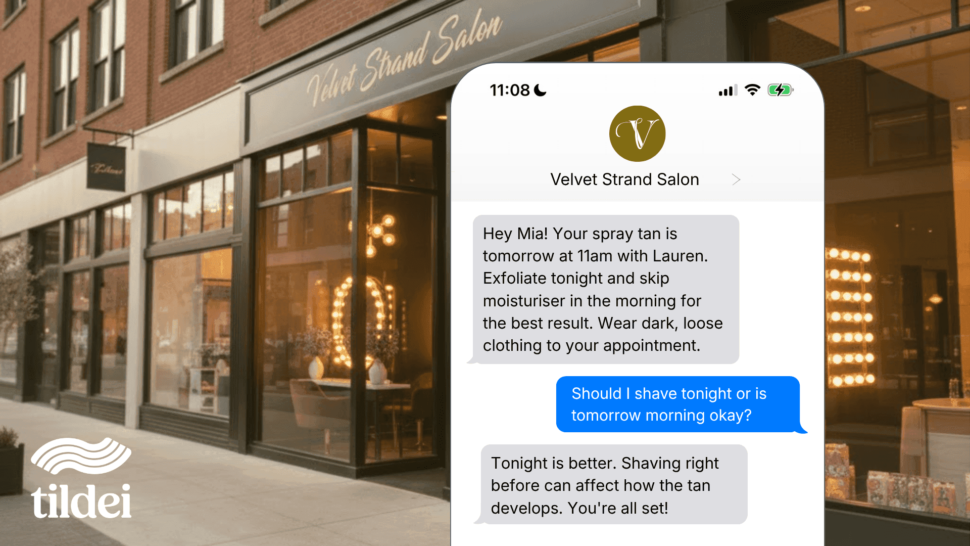 An workflow texts a customer letting them know how to prep for their spray tan and reminding them that it is tomorrow. The customer asks a question, and Runhappy replies.