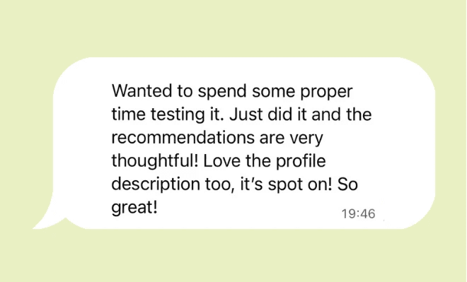 Pebble gifts whatsapp message: Wanted to spend some proper time testing it. Did it and the recommendations are very thoughtful! Love the profile description too, it's spot on! So great!