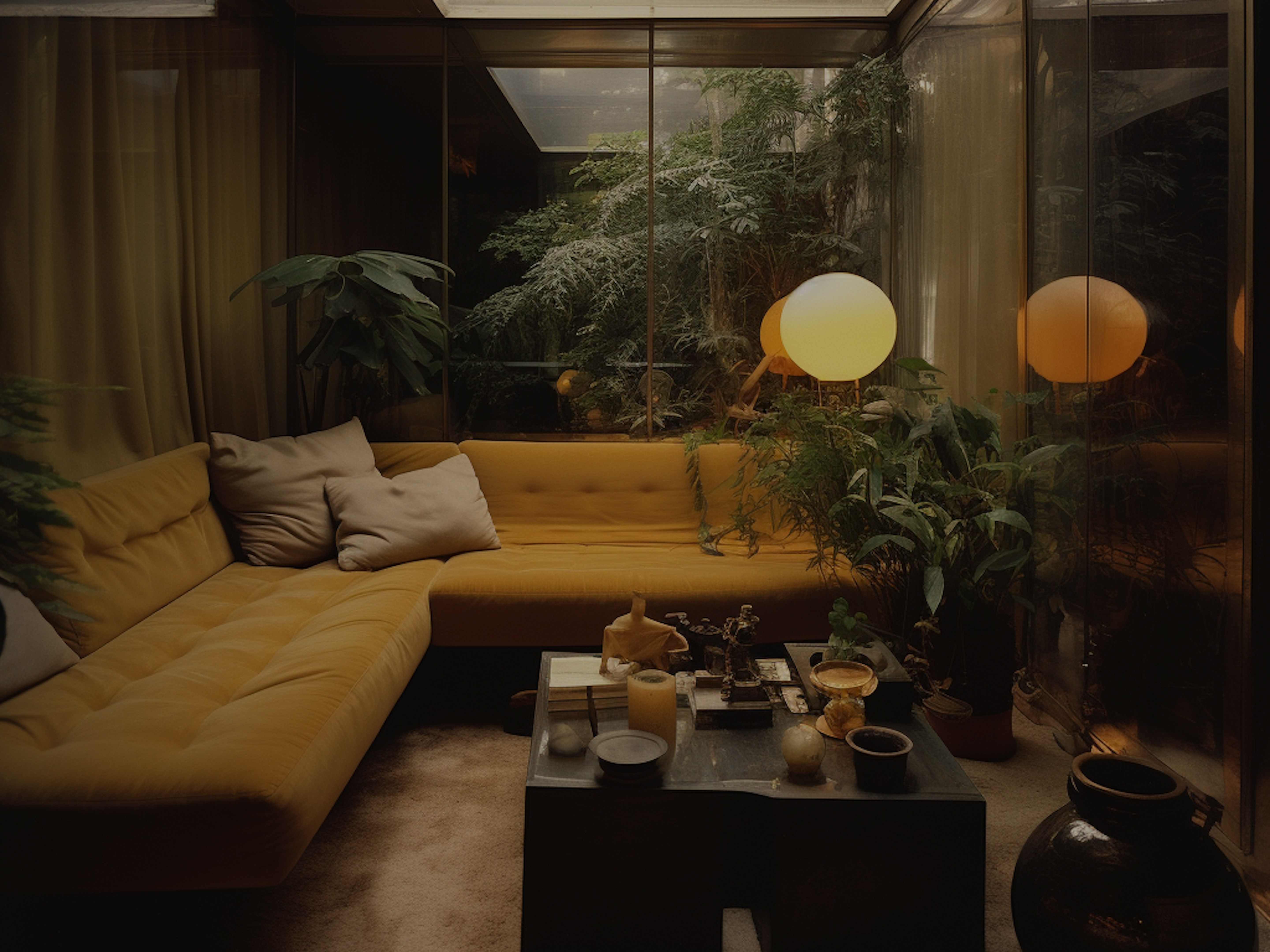 A cozy, dimly lit living room with a brown sectional sofa, plants, and two decorative lamps glowing softly.