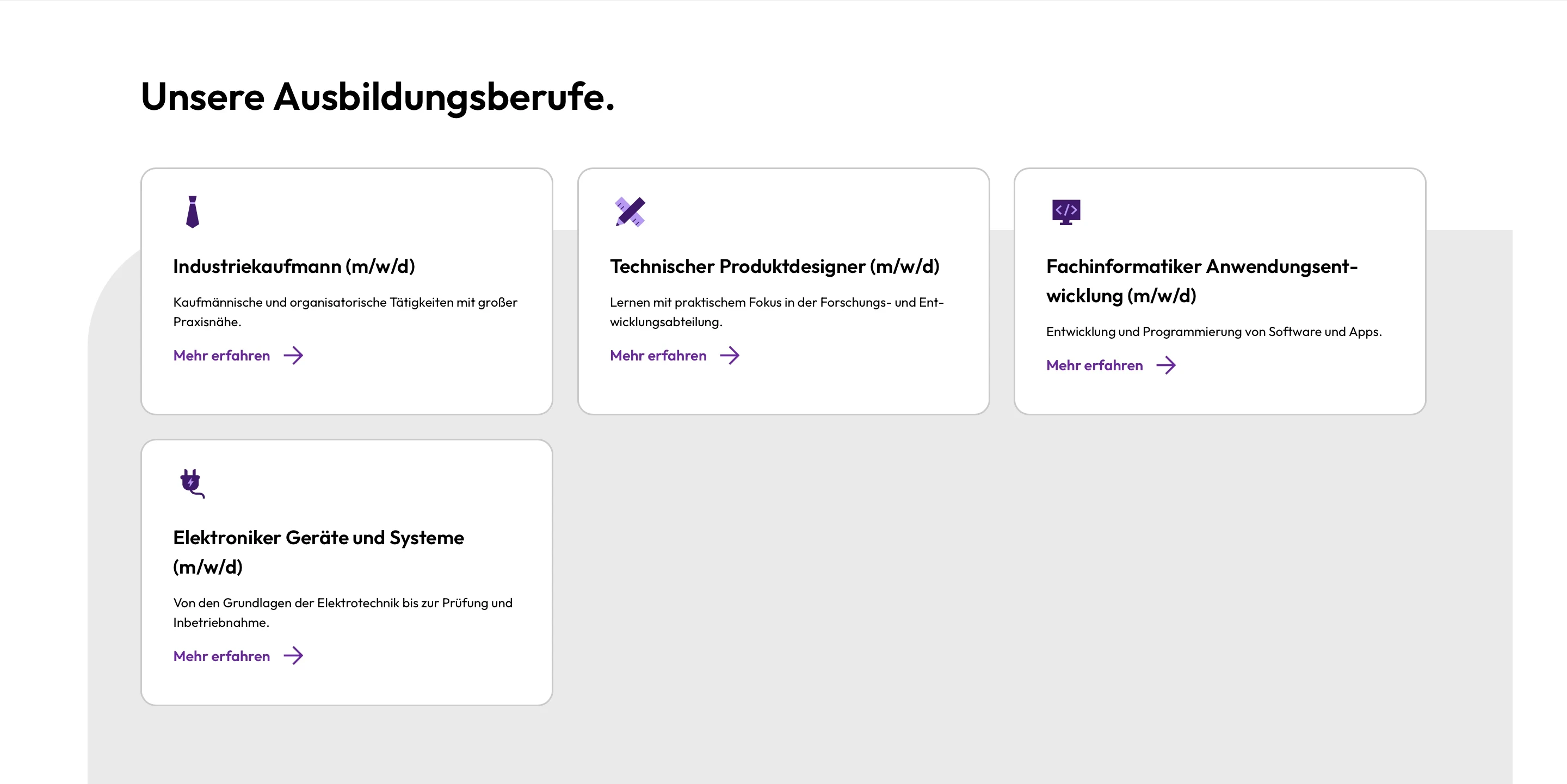 Übersicht der Ausbildungsberufe bei Alber. Zu diesen zählen Technischer Produktdesigner und Industriekaufmann. Die einzelnen Berufe werden durch passende Icons in Lila unermalt.