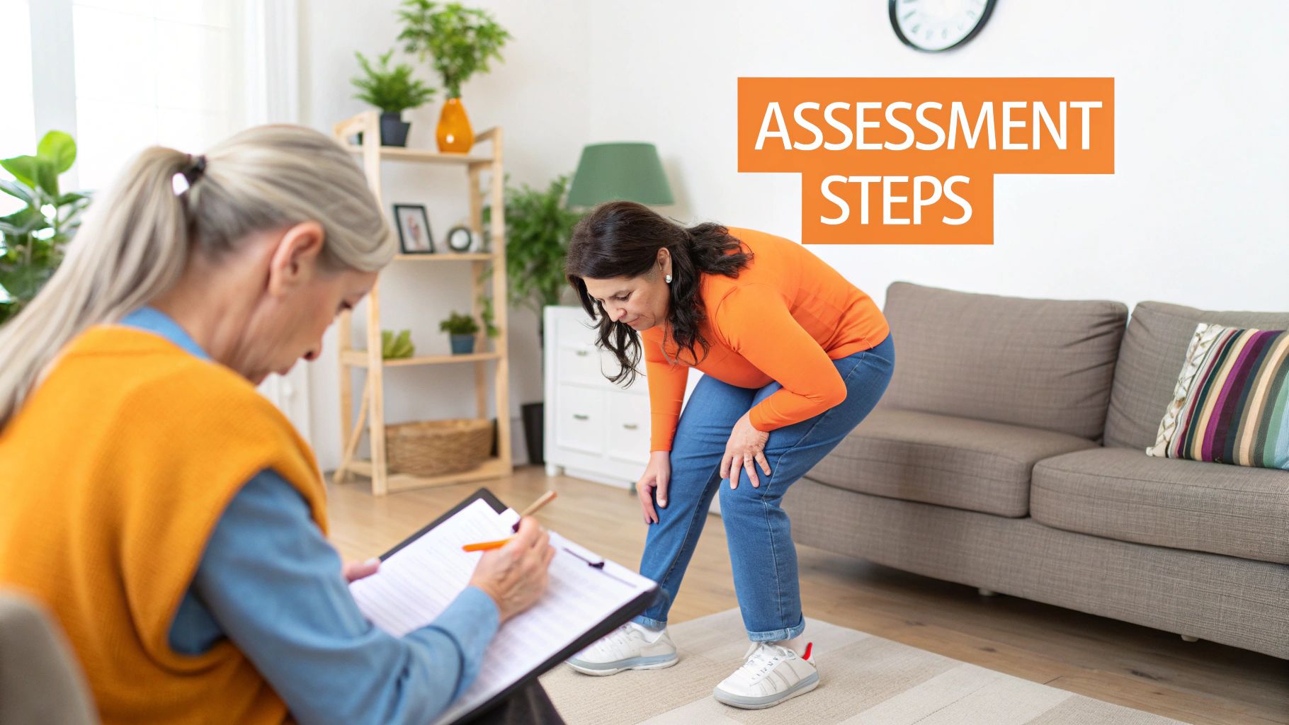 A therapist records notes while a woman bends, participating in a physical assessment.