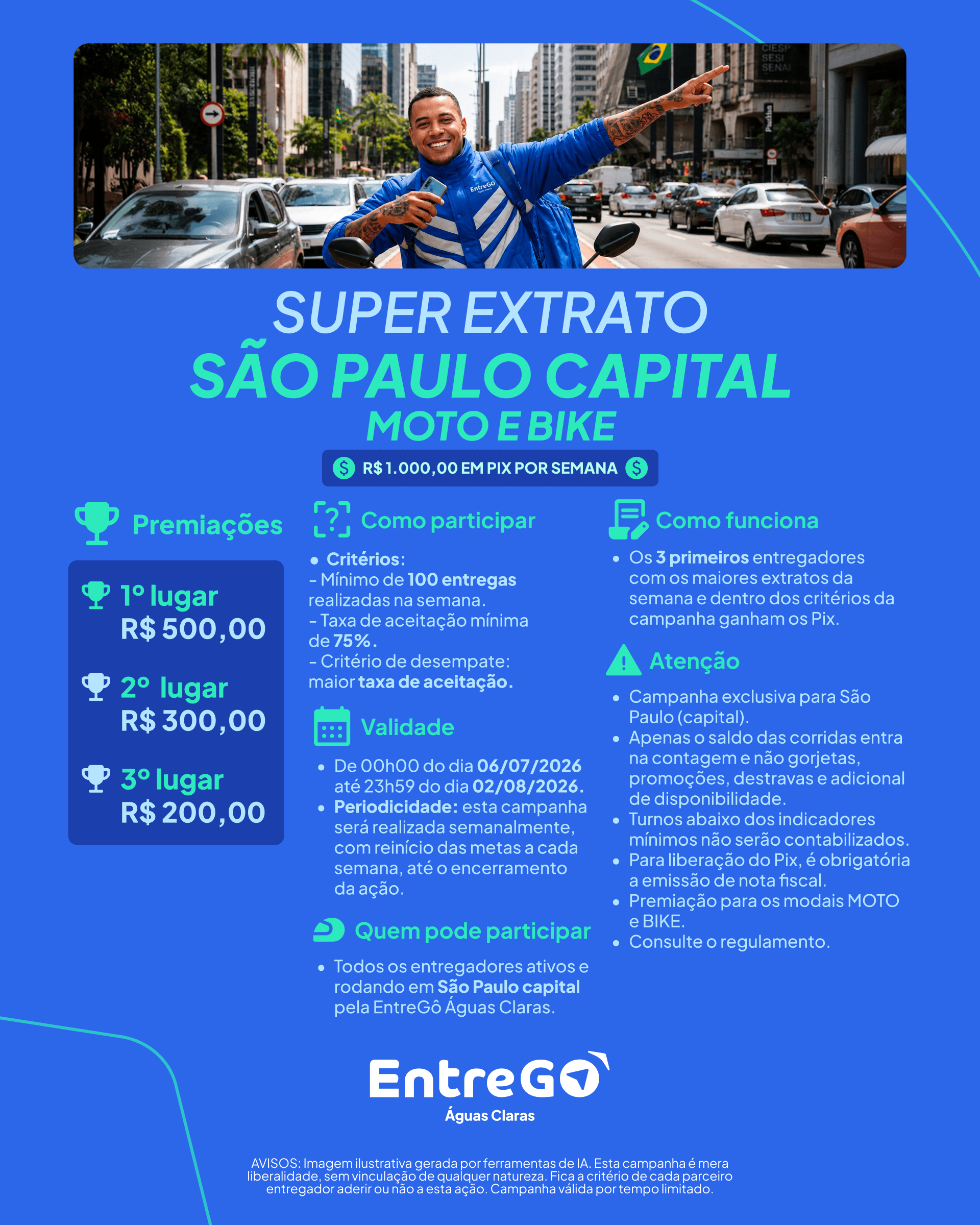Super Extrato São Paulo capital — R$ 1.000,00 em Pix por semana, moto e bike