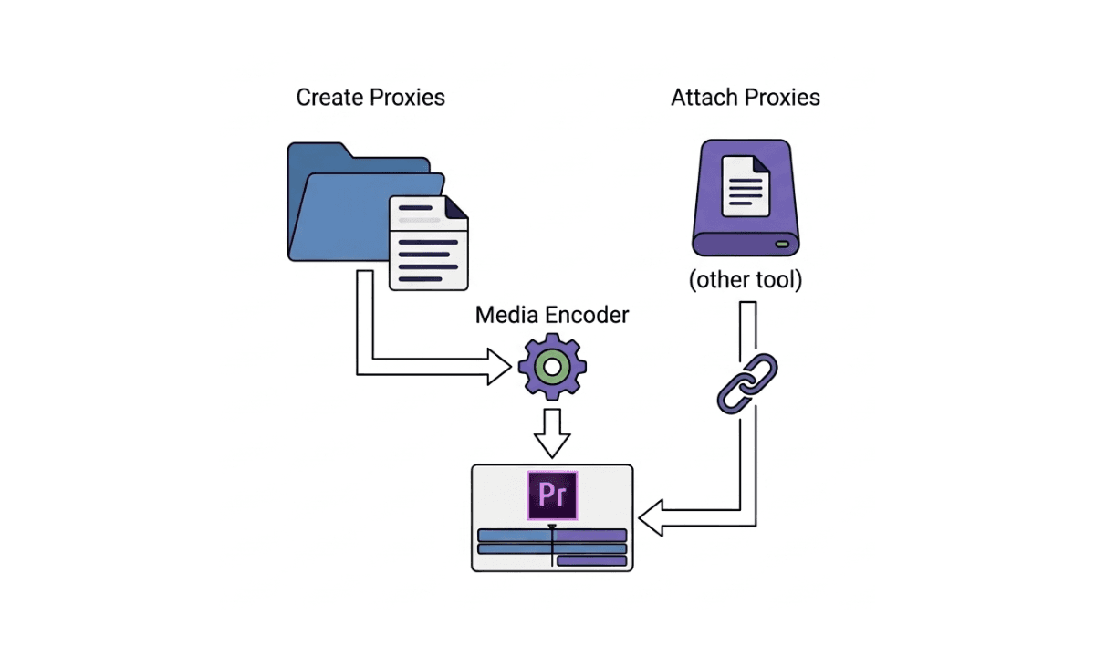 Flat illustration of the Premiere Pro proxy workflow, showing Create Proxies routing through Media Encoder, and Attach Proxies as an alternate path for proxies made in a different tool.