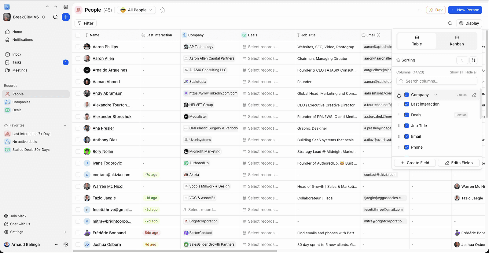 Breakcold Display panel: configure columns, sort, and view type