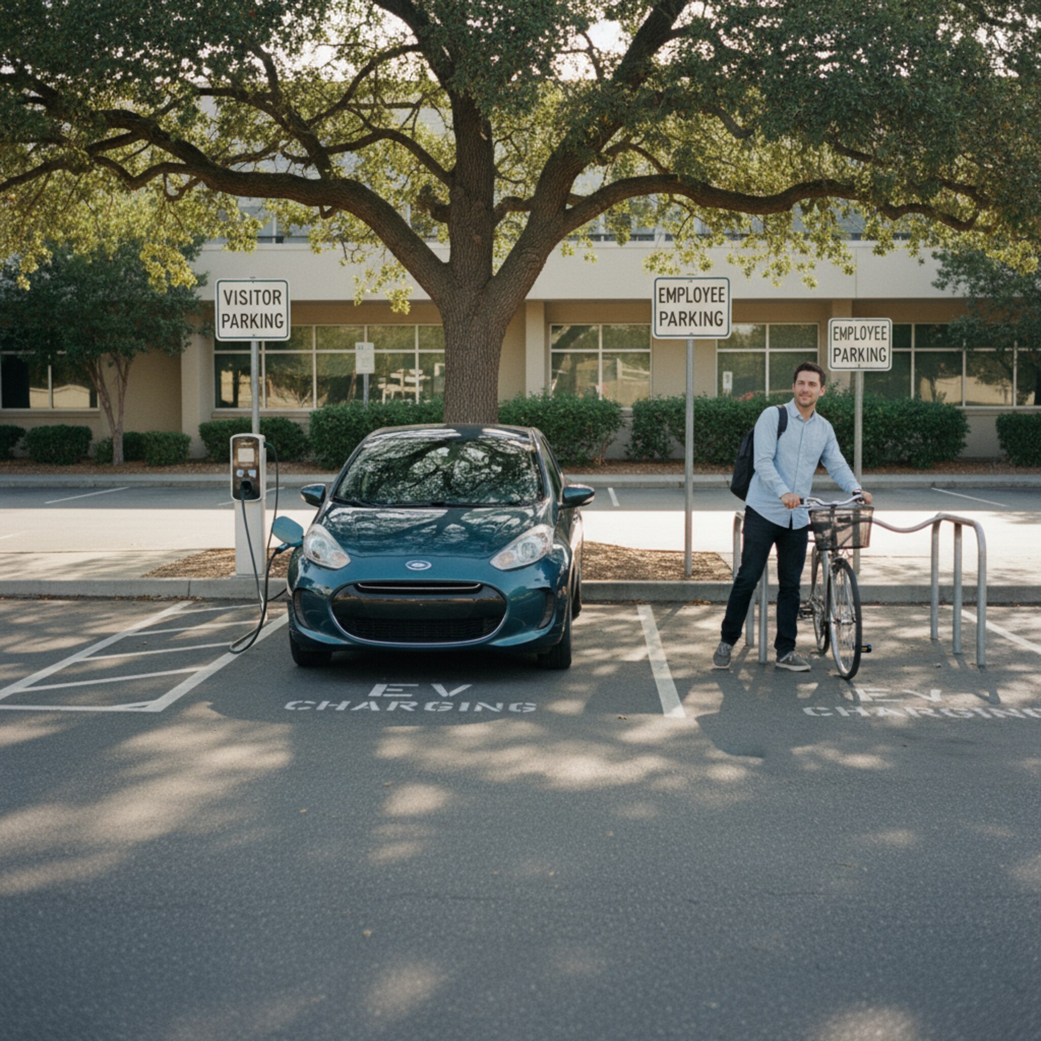 Ein ordentlicher Parkplatz mit klar erkennbaren Beschilderungen für Besuchende und Mitarbeitende. Ein E-Auto lädt an einer Säule, ein Kollege stellt gerade sein Fahrrad am Ständer ab. Ein Baum wirft Schatten über die Parkreihen. Alles wirkt strukturiert, ruhig und gut organisiert.
