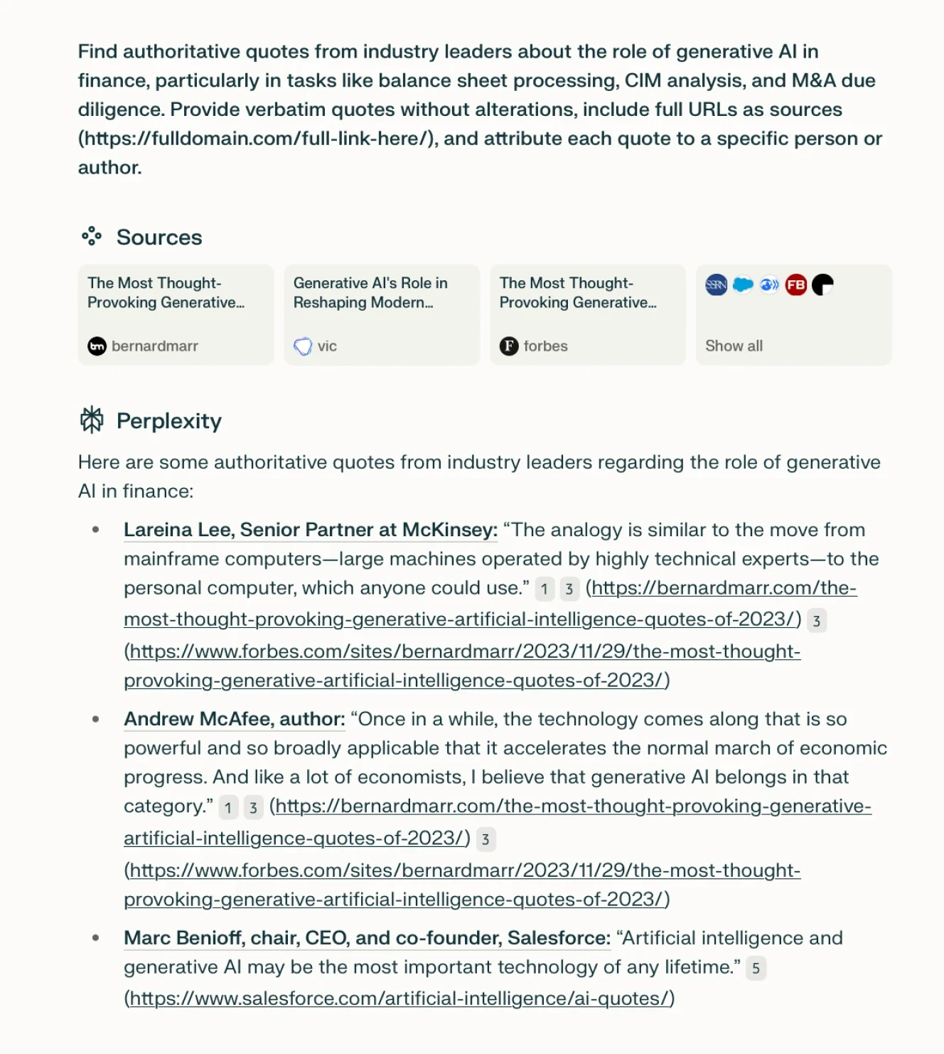 A Perplexity AI search result displaying quotes from industry leaders