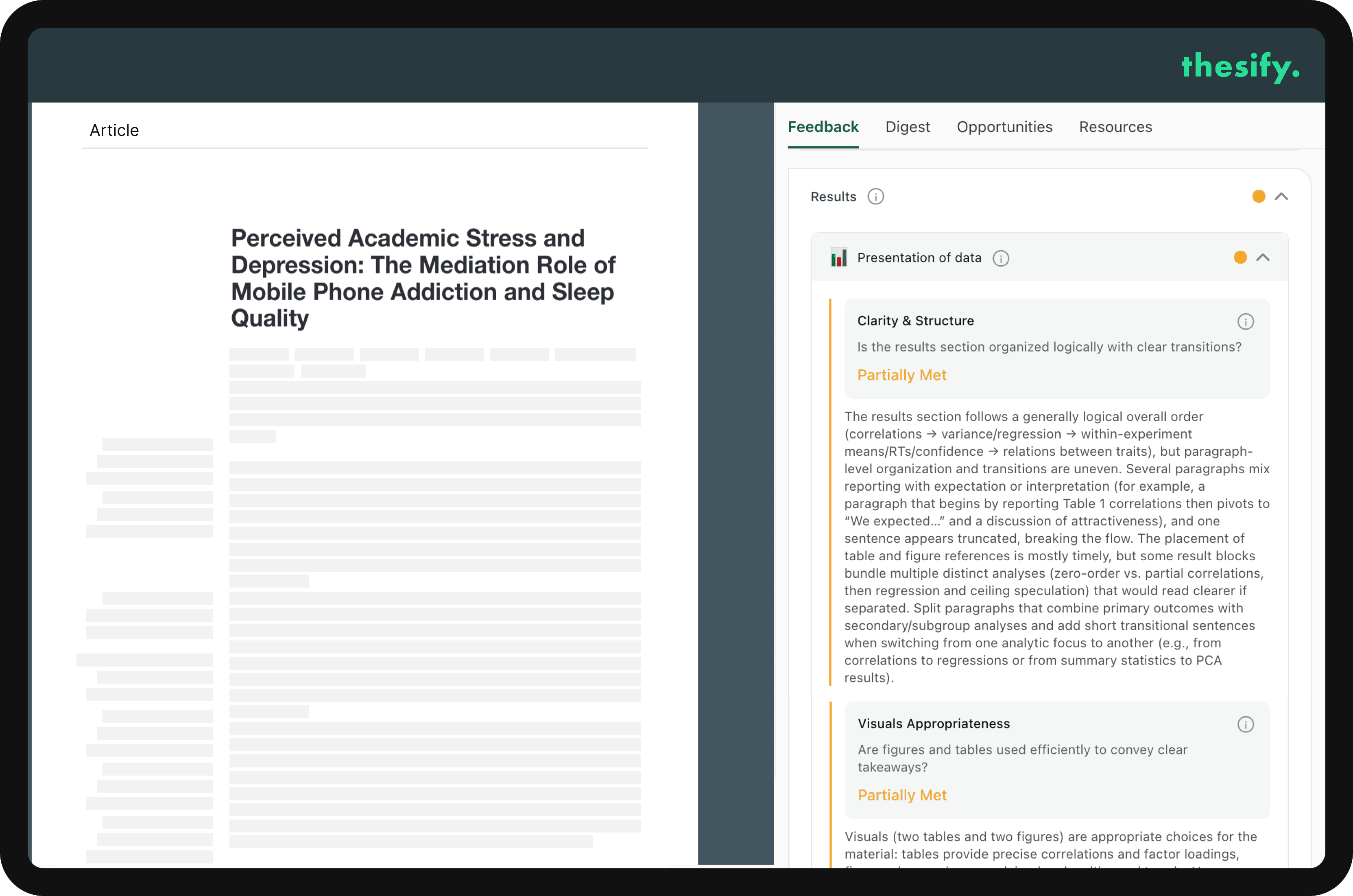 screenshot of thesify's feedback on purpose with questions and score