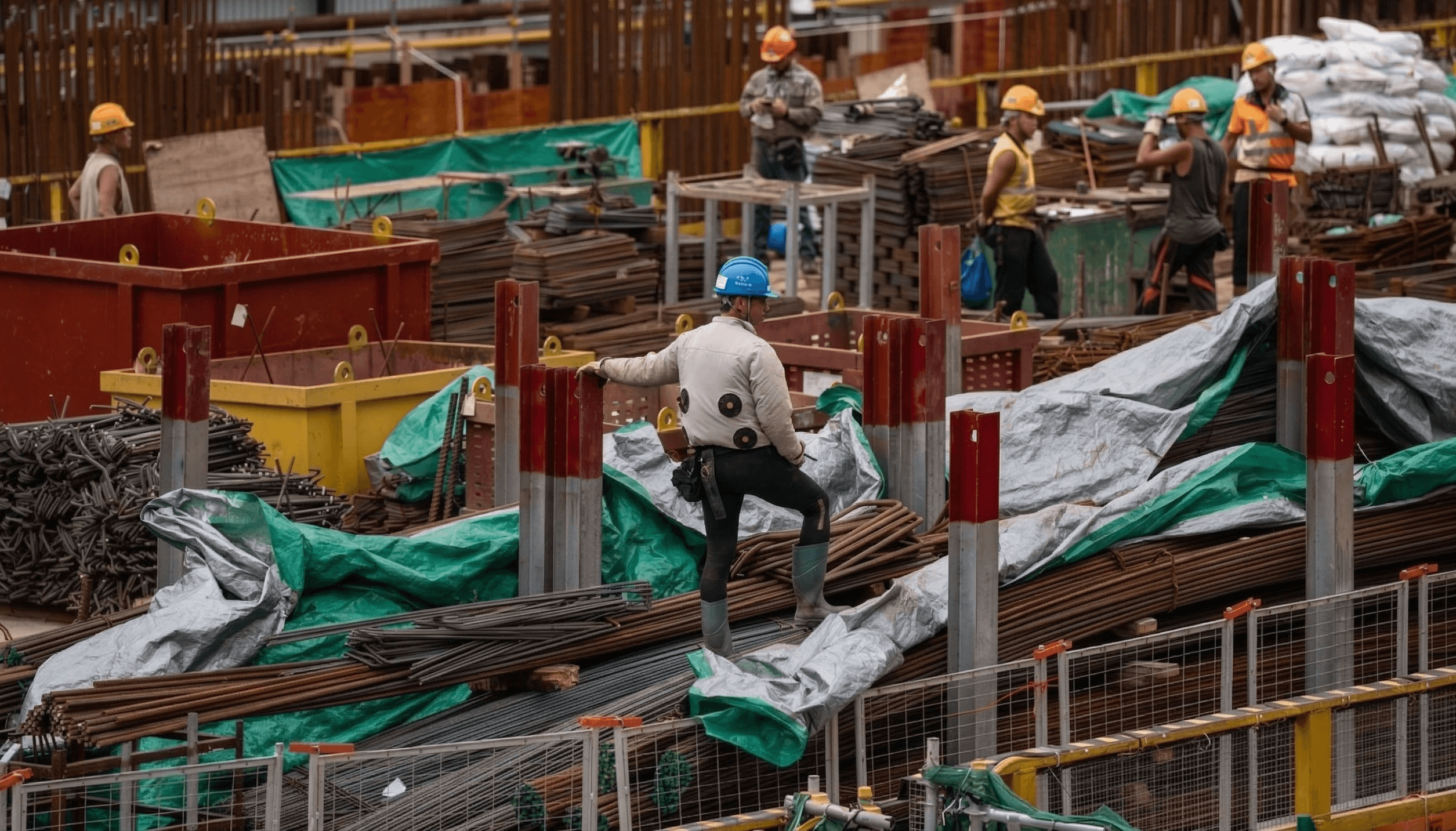 香港建築地盤工人佩戴安全帽於鋼筋及防護帆布間施工，展示工程現場環境與勞保及工程保險保障需求。