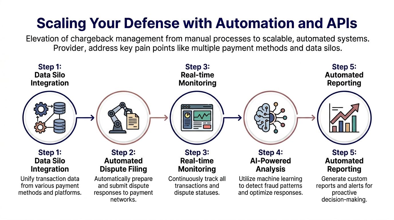 A five-step flowchart illustrating how automation and APIs scale and improve business chargeback management processes.