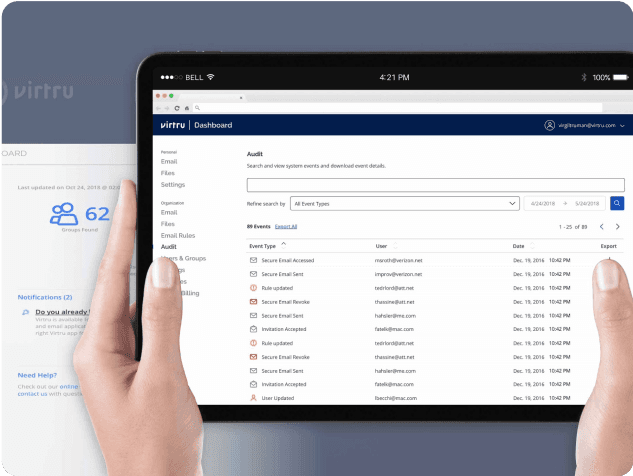 Ipad with Virtru admin dashboard on-screen