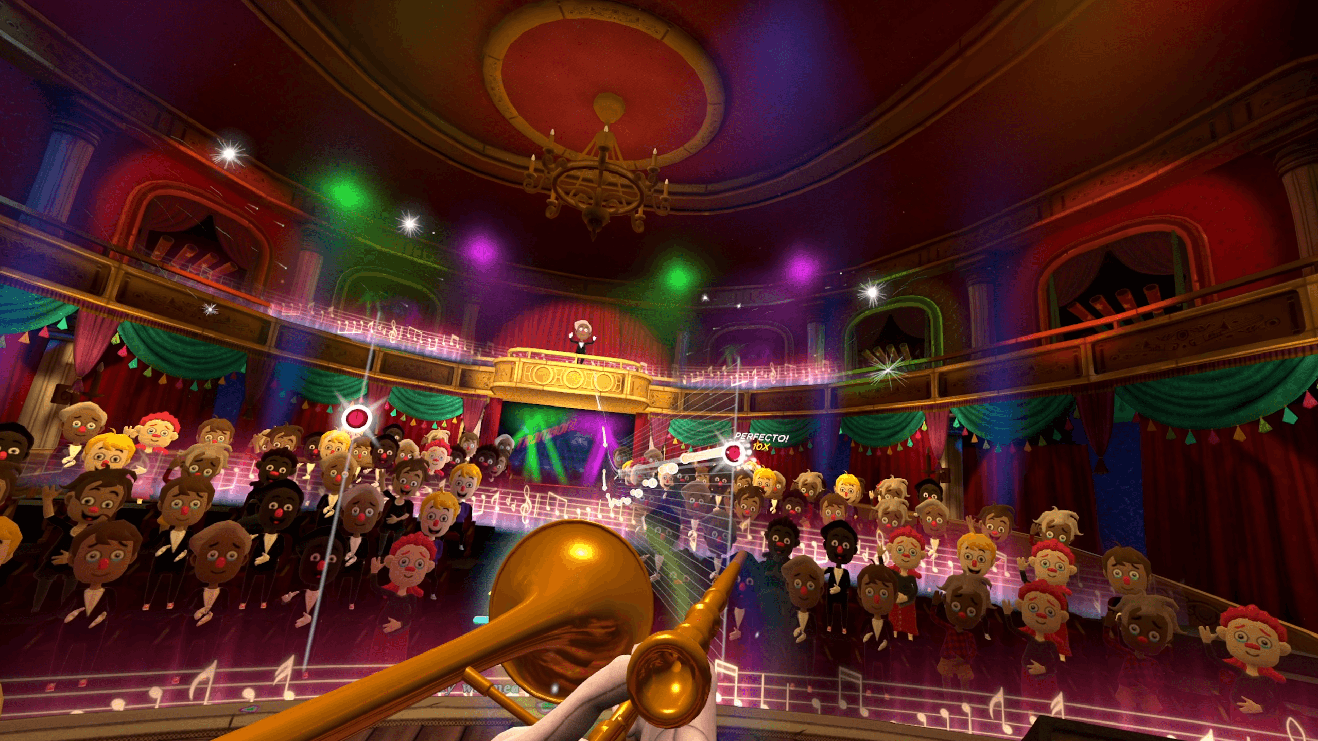 We built a full-scale 3D theater for performances, complete with the original Tromboners as the audience. They cheer, boo, and burst into laughter with exaggerated, slapstick reactions that make every performance feel alive and unhinged.