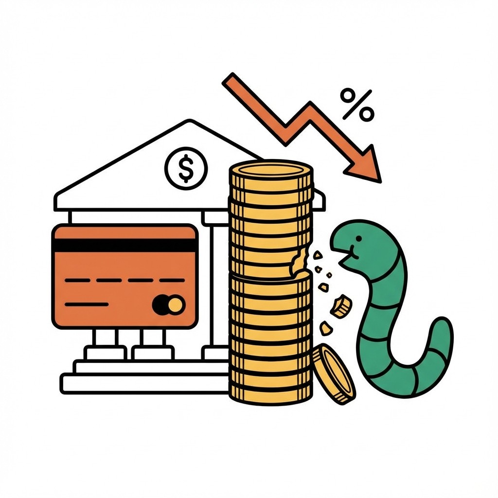 Symbolbild für Inflation: Ein Wurm frisst einen Münzstapel vor einer Bank an, während ein Prozent-Pfeil nach unten zeigt.