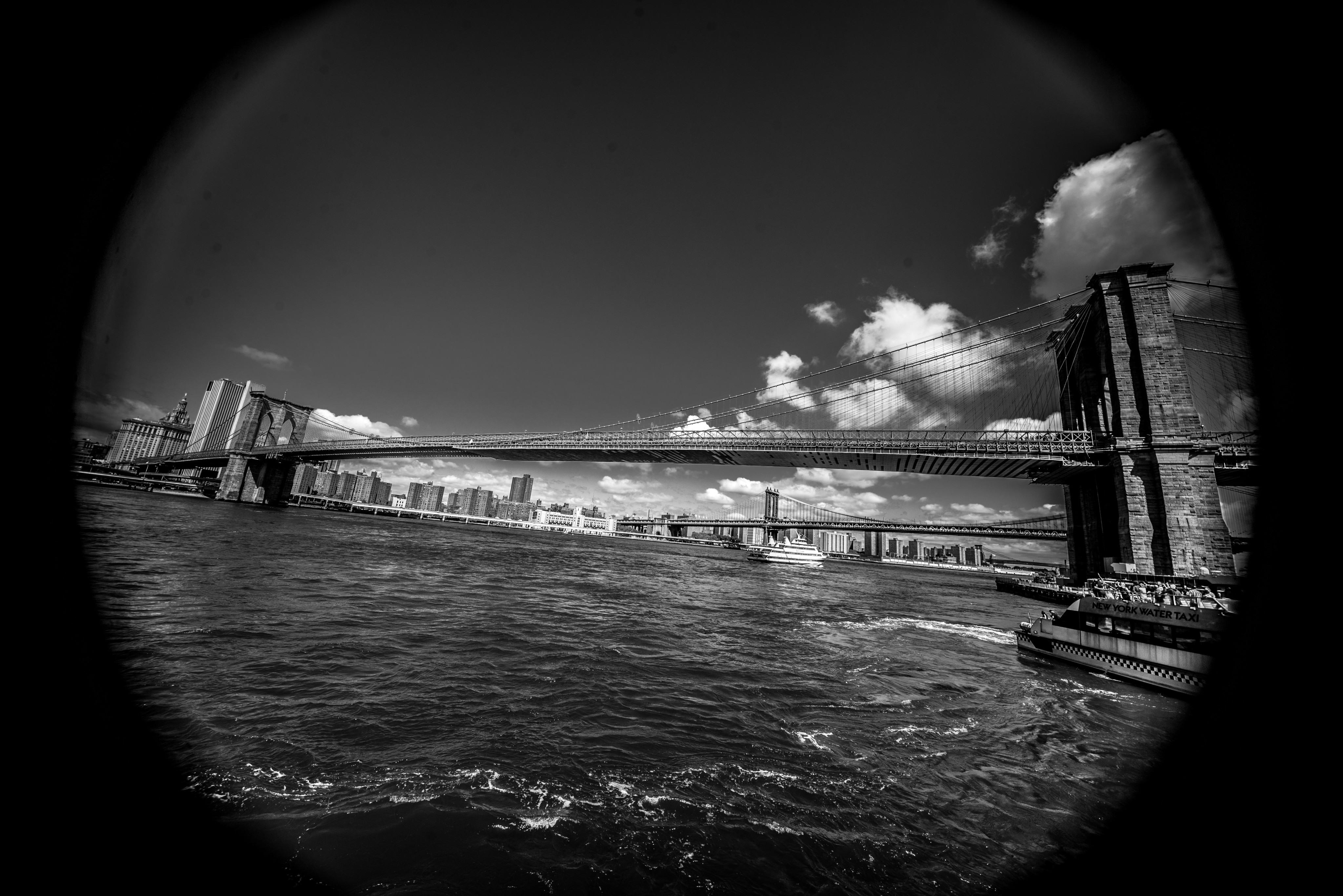 Fisheye view from underneath the brooklyn bridge in brooklyn, ny