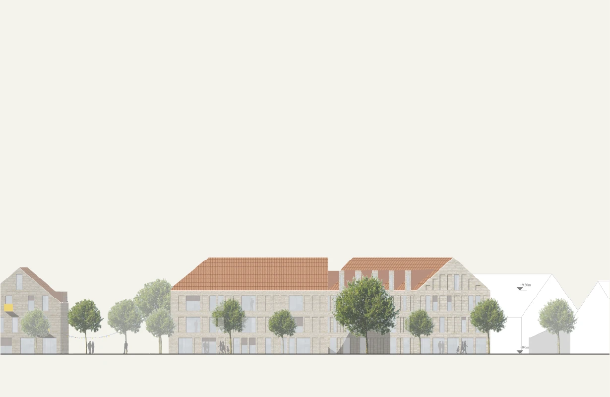 Isometrische Zeichnung eines Bauprojekts mit mehreren Gebäuden und markierten Strukturen in Rot