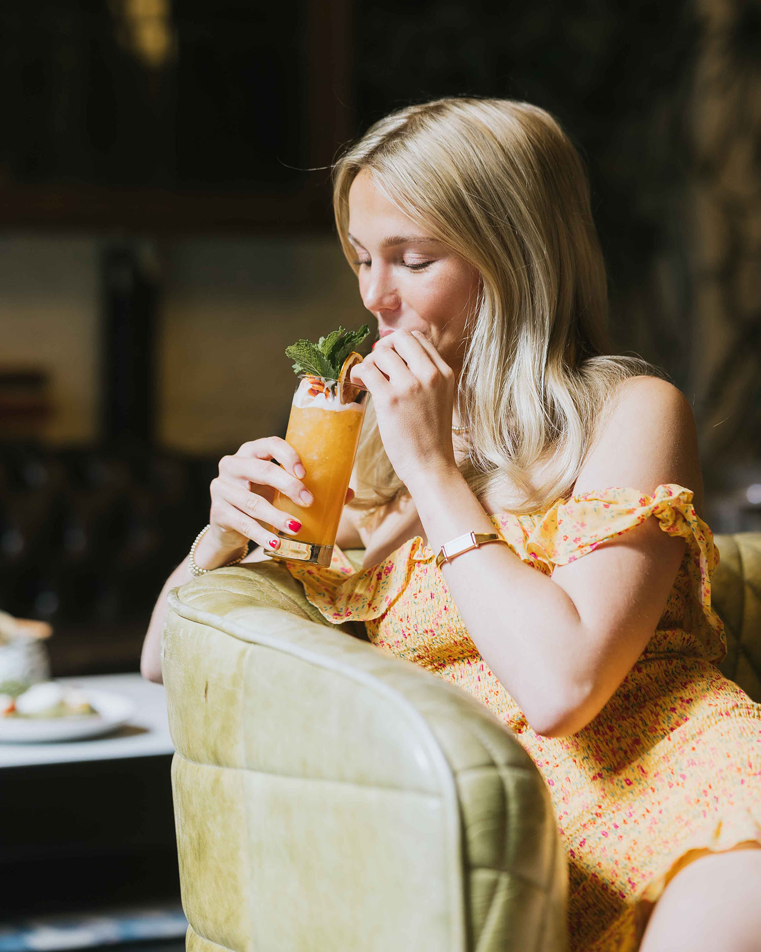 Savoring a fresh handcrafted cocktail at Hubbard Inn Chicago. A perfect mix of color, calm, and classic brunch charm in the heart of River North.