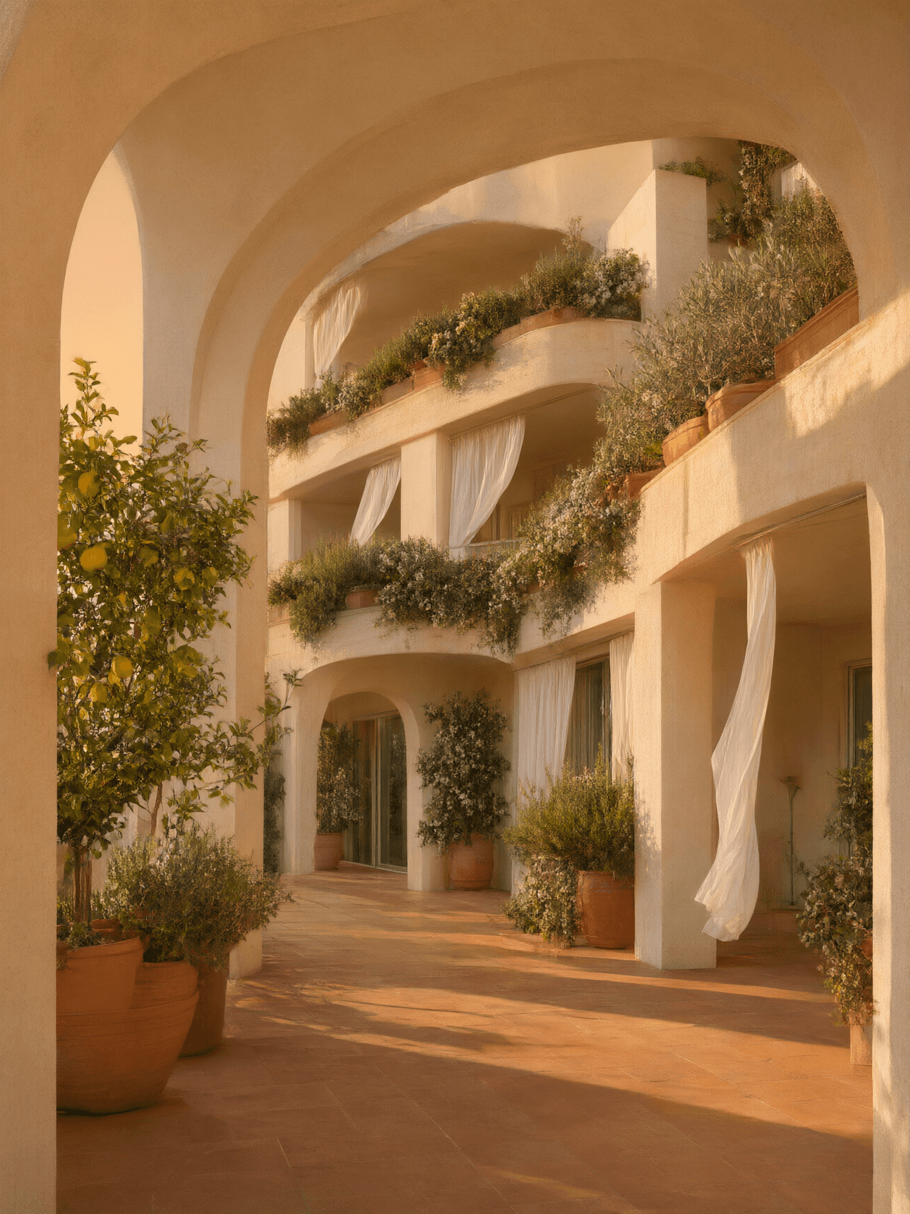 Arcaded white walkway with soft daylight