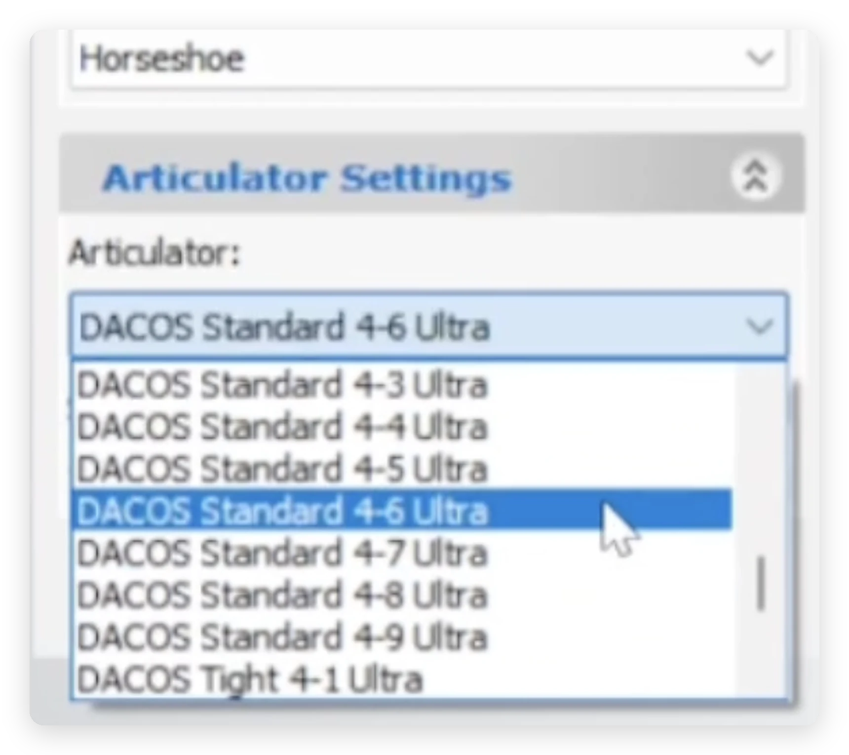 Selecting a DACOS articulator interface from the Articulator Settings dropdown in 3Shape