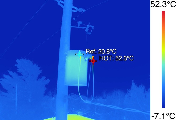An example thermal image processed in HeatScribe with a rainbow thermal palette.