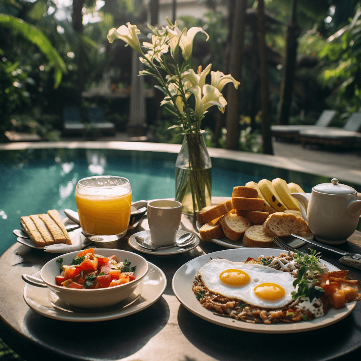 A beautiful, tropical poolside breakfast setup on a sunny morning, featuring a plate with two fried eggs over hash, a bowl of diced tomatoes, orange juice, coffee, toast, and a vase of white lilies.
