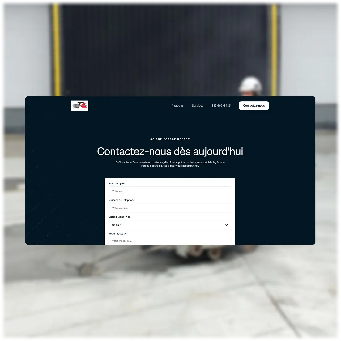 Formulaire de soumission en ligne du site Sciage & Forage Robert pour demander un devis de sciage ou forage de béton.