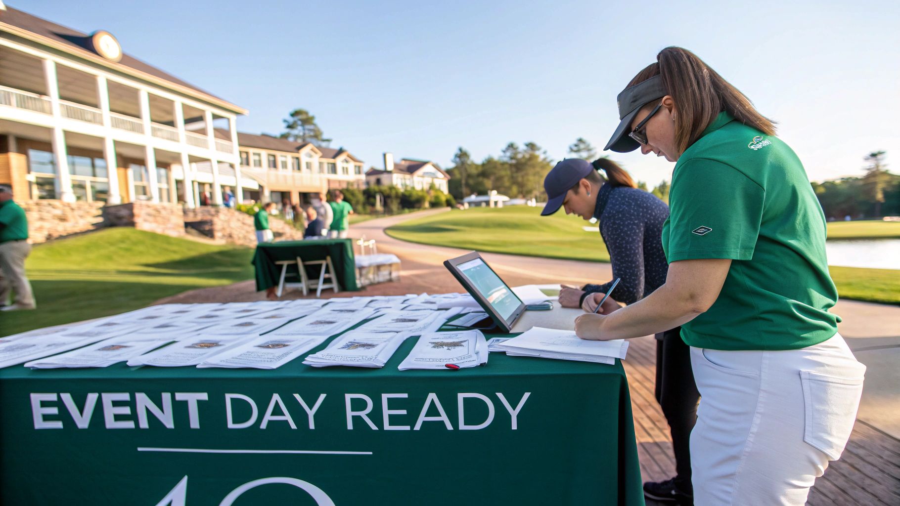 Two women register at an outdoor golf event table with an 'EVENT DAY READY' sign.