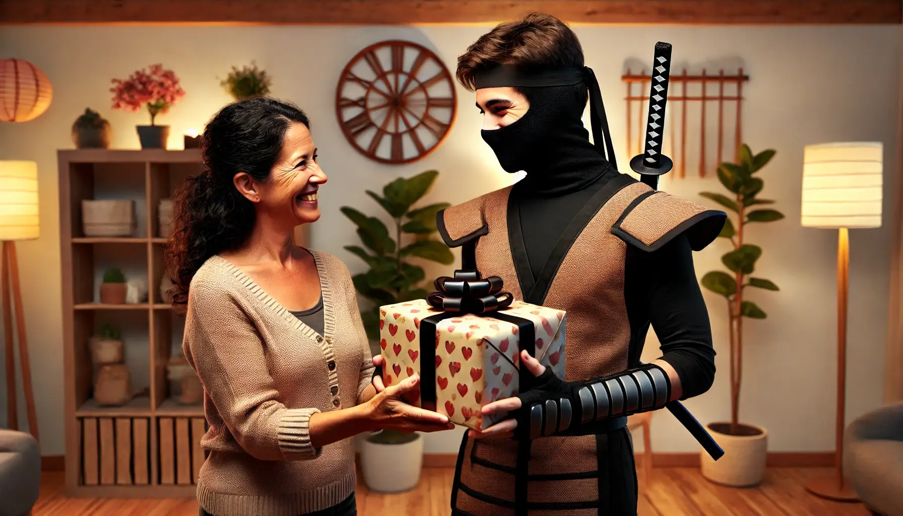 una madre haciéndole un regalo a su hijo opositor ninja