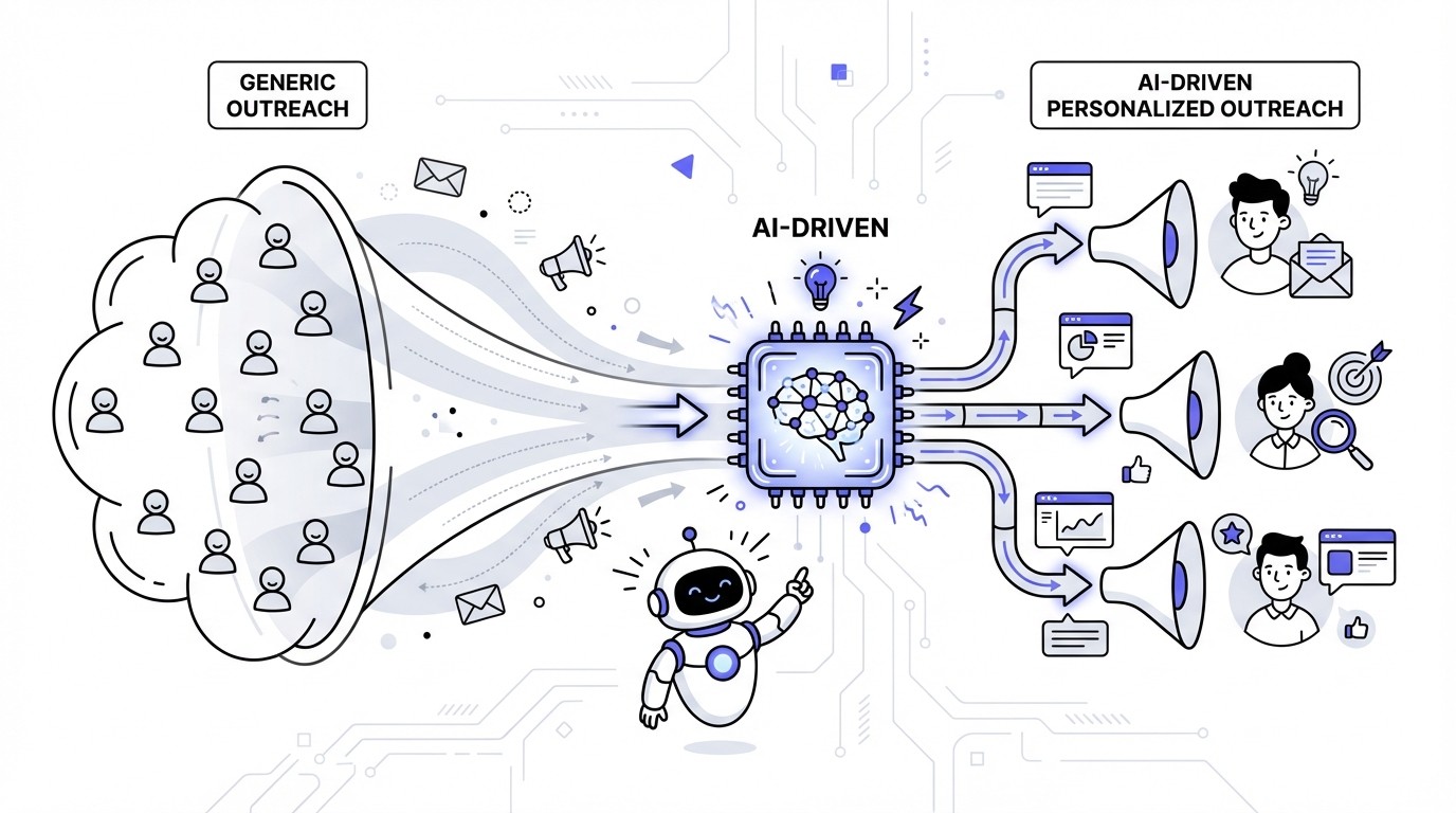 A flow diagram showing the process from generic outreach to AI-driven personalized outreach. On the left, a wide funnel labeled 'Generic Outreach' feeds into a central, glowing AI processing unit. From the AI unit, multiple distinct, narrow funnels labeled 'AI-driven Personalized Outreach' emerge on the right, illustrating segmentation and personalization.