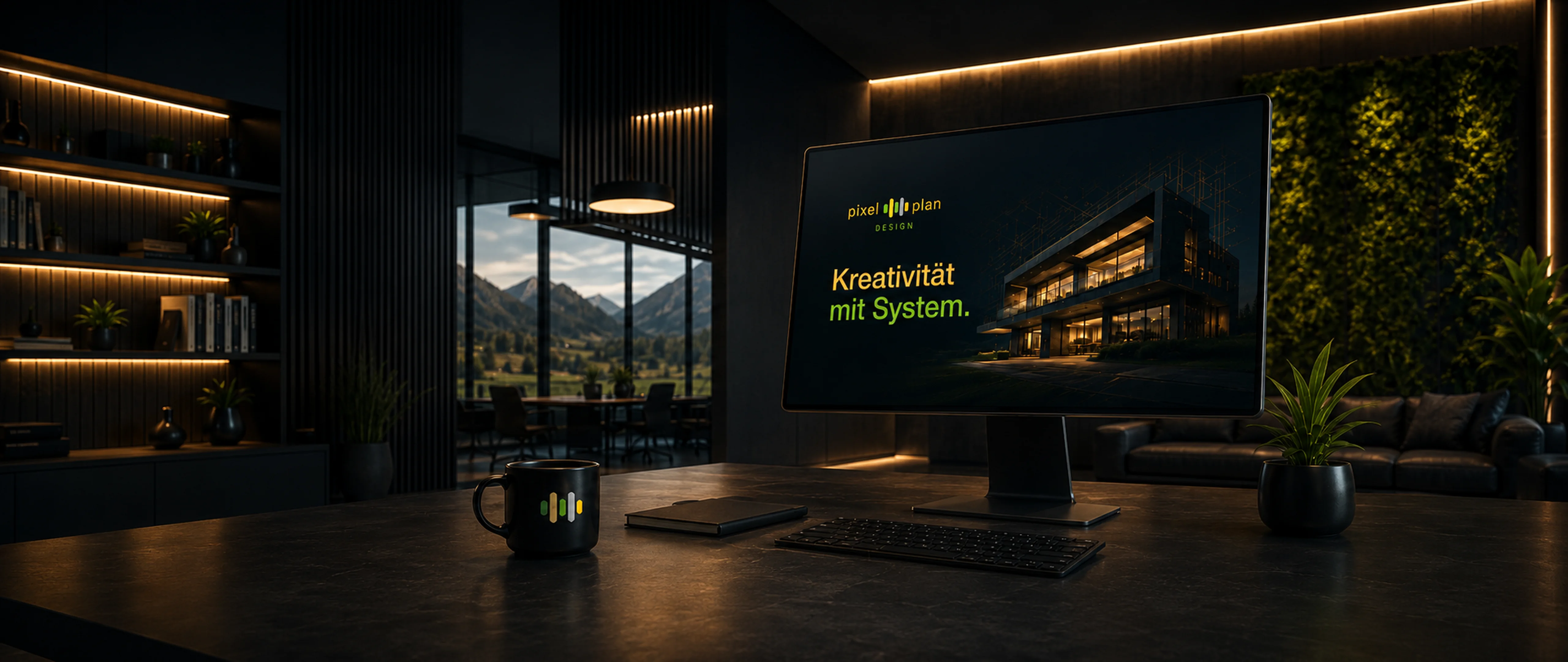 Sleek office with screen showing "Kreativität mit System" and scenic view.