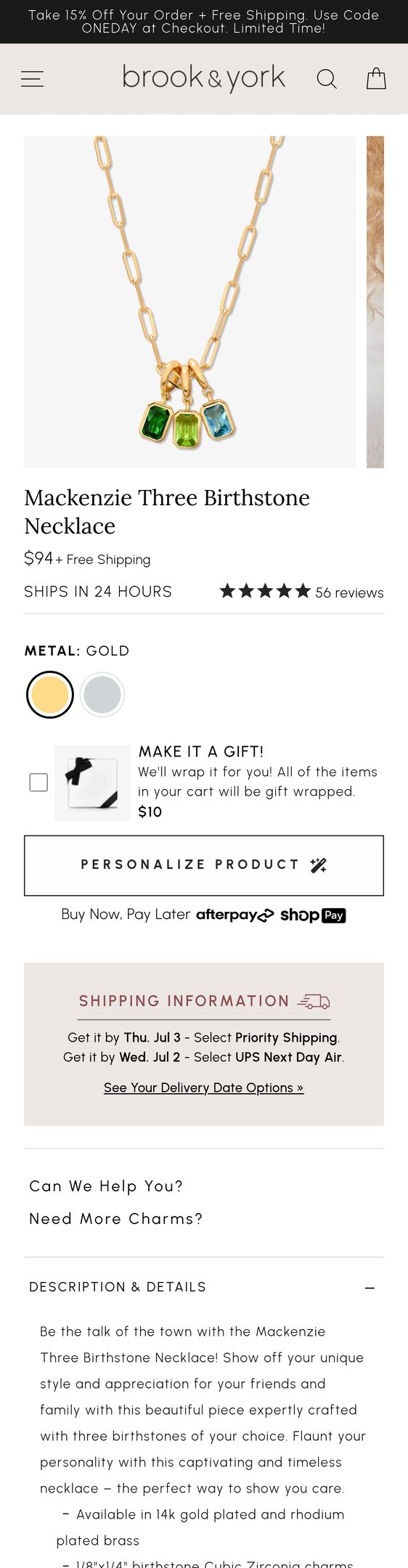 Jewelry product options include: necklace, pendant, birthstone for Mackenzie Three Birthstone Necklace from Brook & York.