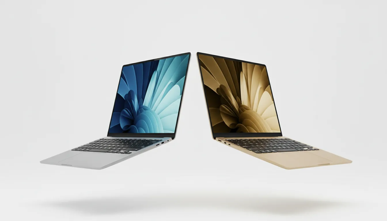 DSLR product photography of two modern, ultra-thin laptops floating against a clean white studio background. The laptops are arranged in a V-shape, angled towards each other. The laptop on the left is silver aluminum, and the laptop on the right is gold aluminum, both with black keyboards. The screens display vibrant, abstract 3D wallpapers with a layered, wavy, fan-like pattern; one in shades of cyan and dark blue, the other in shades of gold and black. Soft studio lighting, sharp focus, high detail, commercial aesthetic.