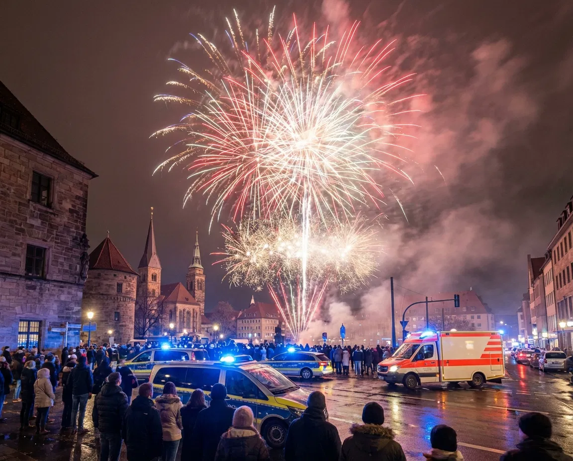 Nighttime New Year’s Eve fireworks in a German city with emergency vehicles in the background.