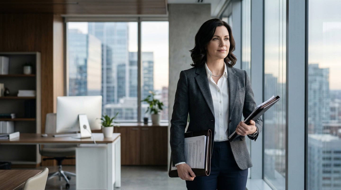 Female attorney standing in law office holding documents