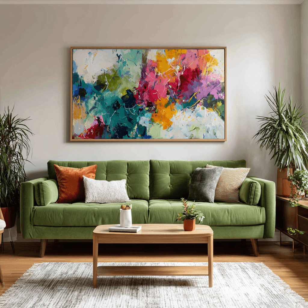 A vibrant abstract painting is displayed above a green couch in a modern living space.
